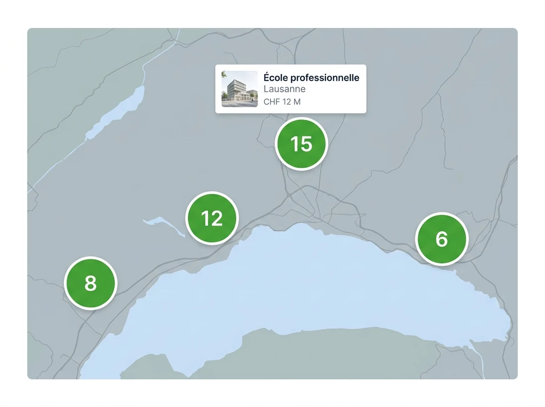 Carte Onima de la région lausannoise : les projets publics regroupés par commune