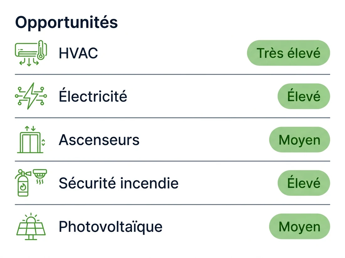 Panneau des opportunités Onima par métier : HVAC, électricité, ascenseurs, sécurité incendie, photovoltaïque