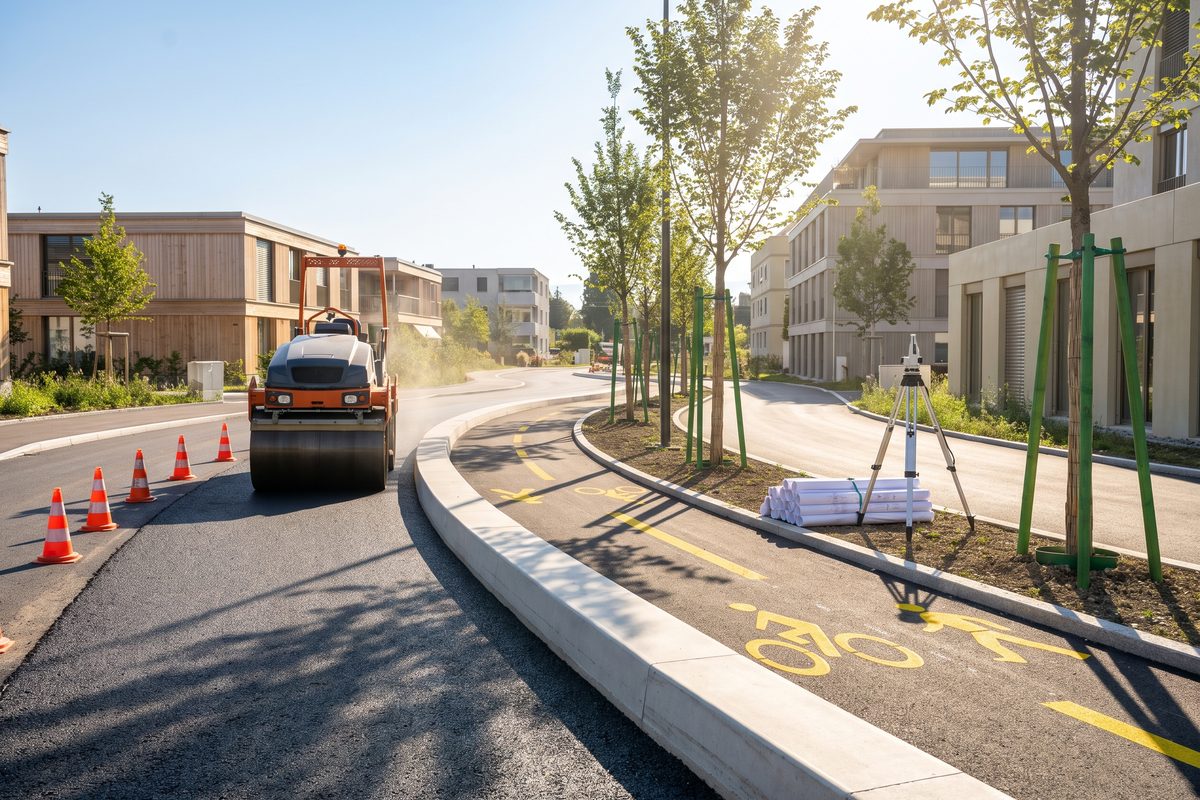 Vue aérienne d'un nœud autoroutier d'agglomération avec panneaux de signalisation variable, illustration générée