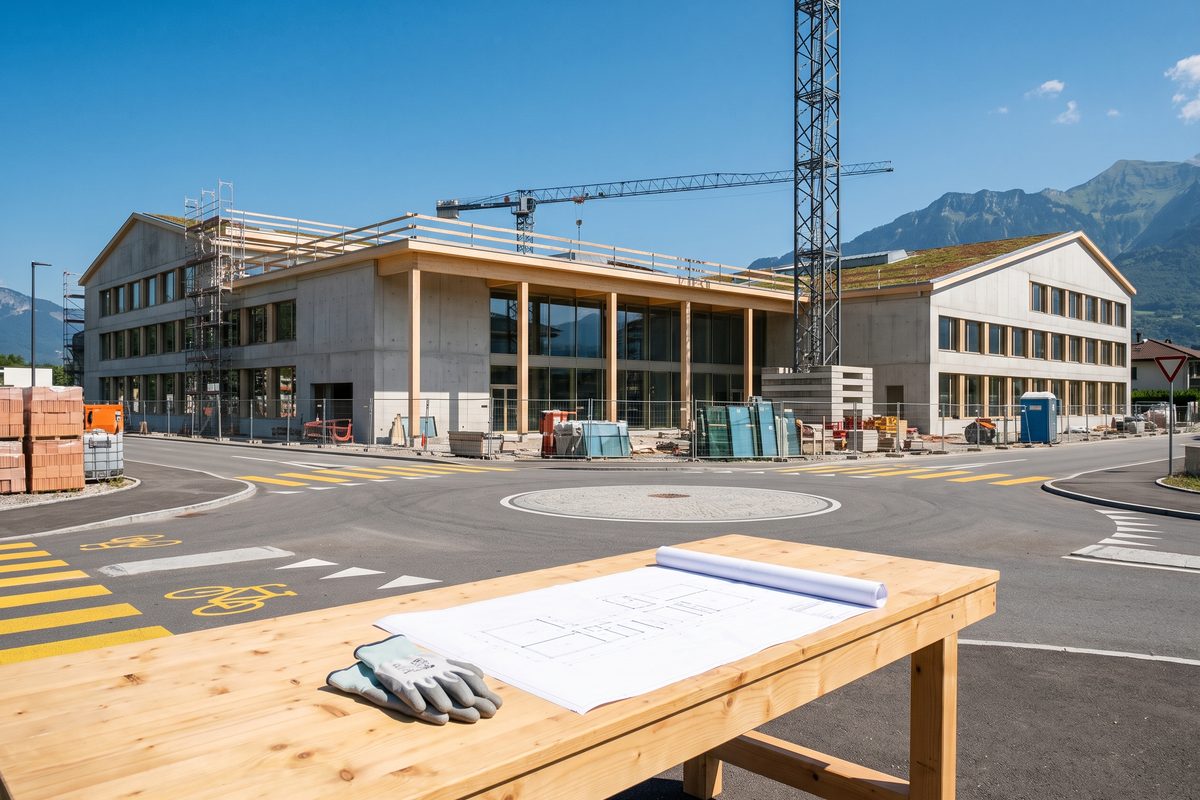 Grue et structure bois en construction sur le site du futur gymnase à Aigle, illustration générée.