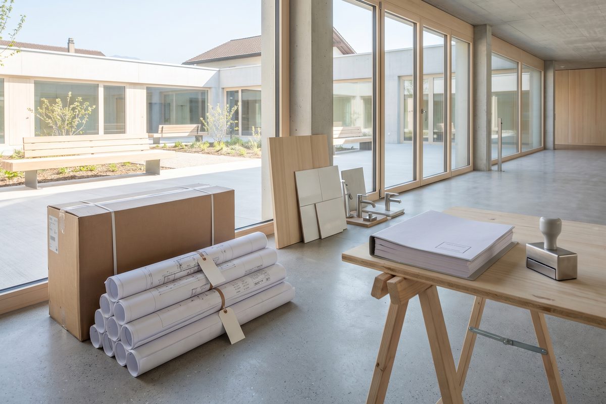 Ouvriers posant la tuyauterie sanitaire dans un chantier scolaire, illustration générée