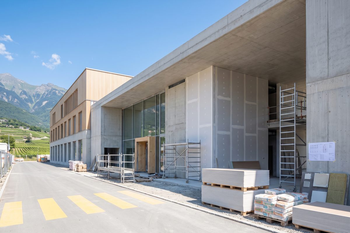 Ouvriers appliquant l'enduit de plâtre sur les cloisons intérieures d'un chantier scolaire, illustration générée