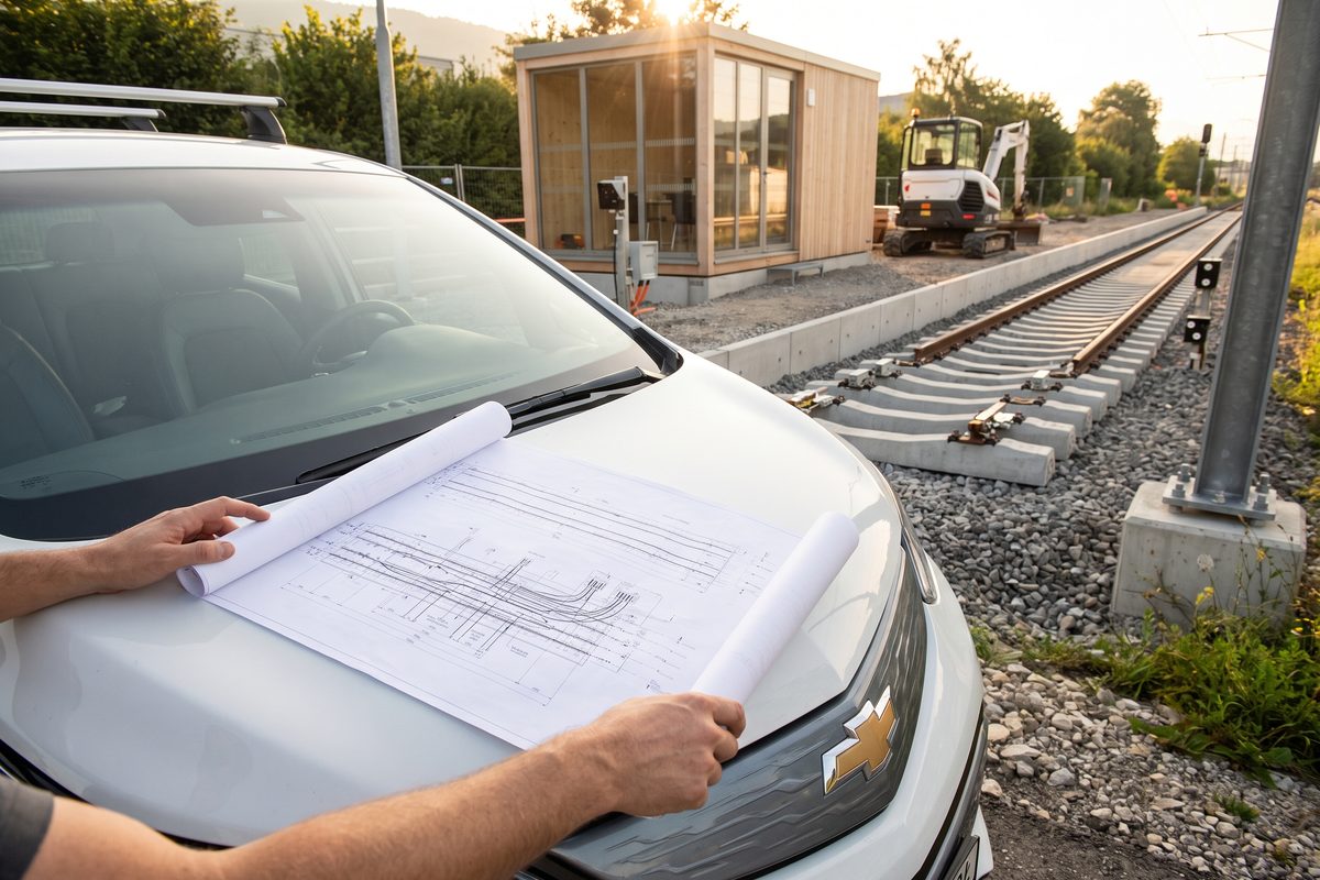 Ausgelegte Baupläne eines Eisenbahnprojekts in einer Gemeindeverwaltung, Illustration
