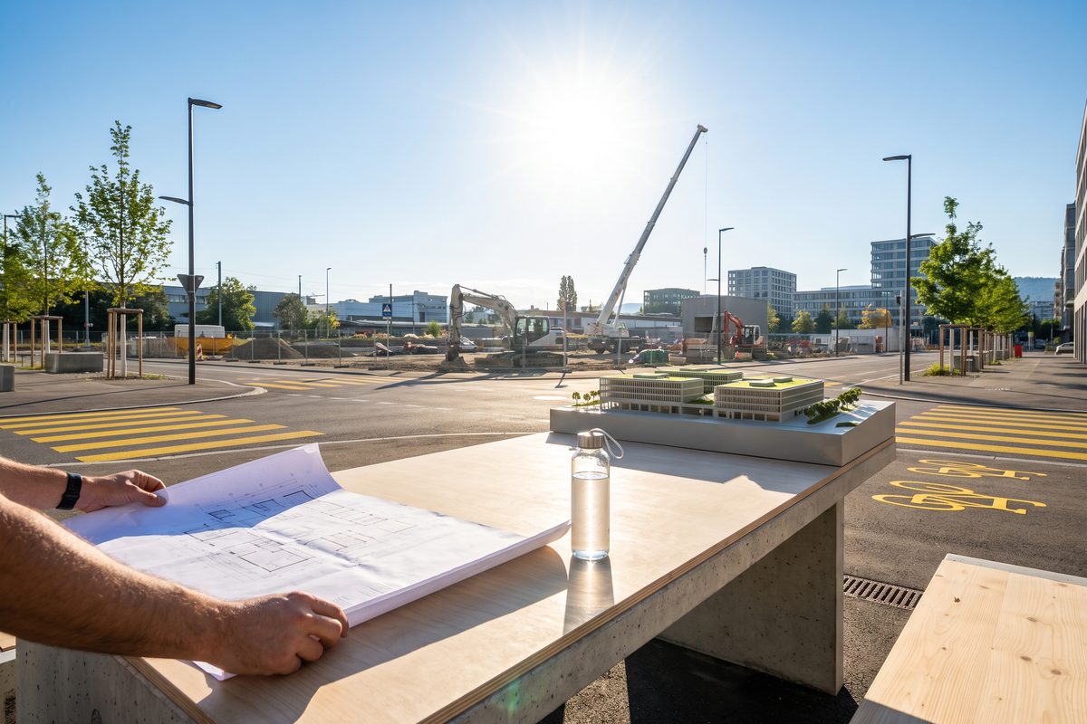 Séance d'une commission parlementaire vaudoise autour d'un dossier de construction, illustration générée.
