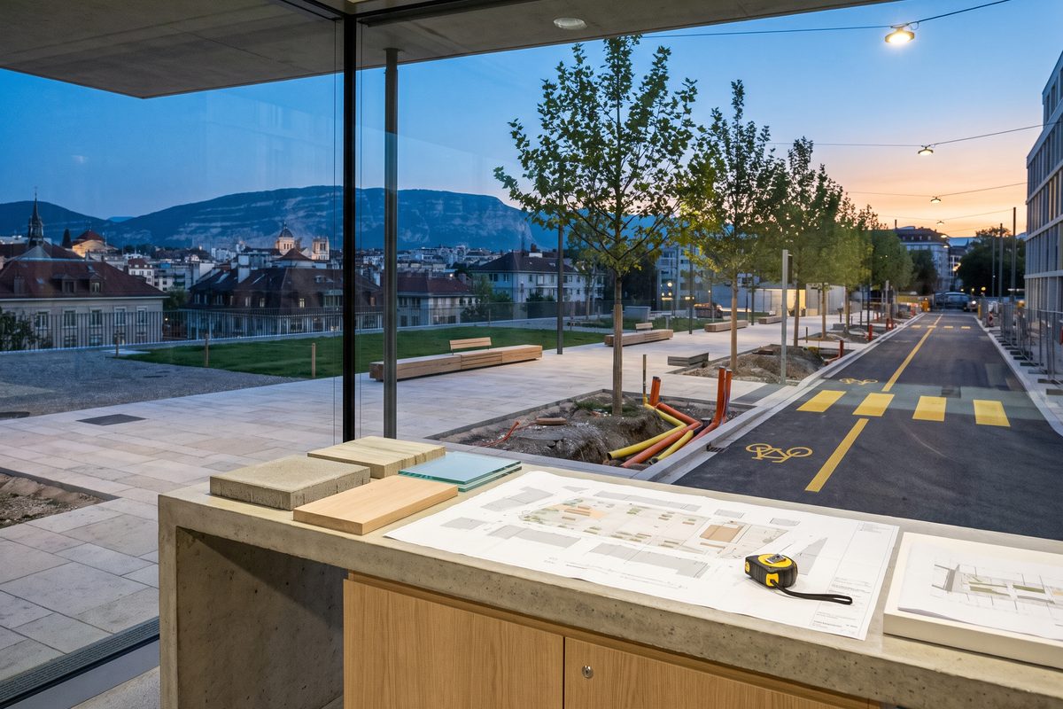 Place publique réaménagée du secteur de Rive à Genève, illustration générée