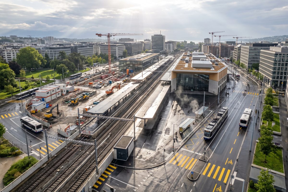 Place publique réaménagée devant la gare de Cornavin à Genève, illustration générée