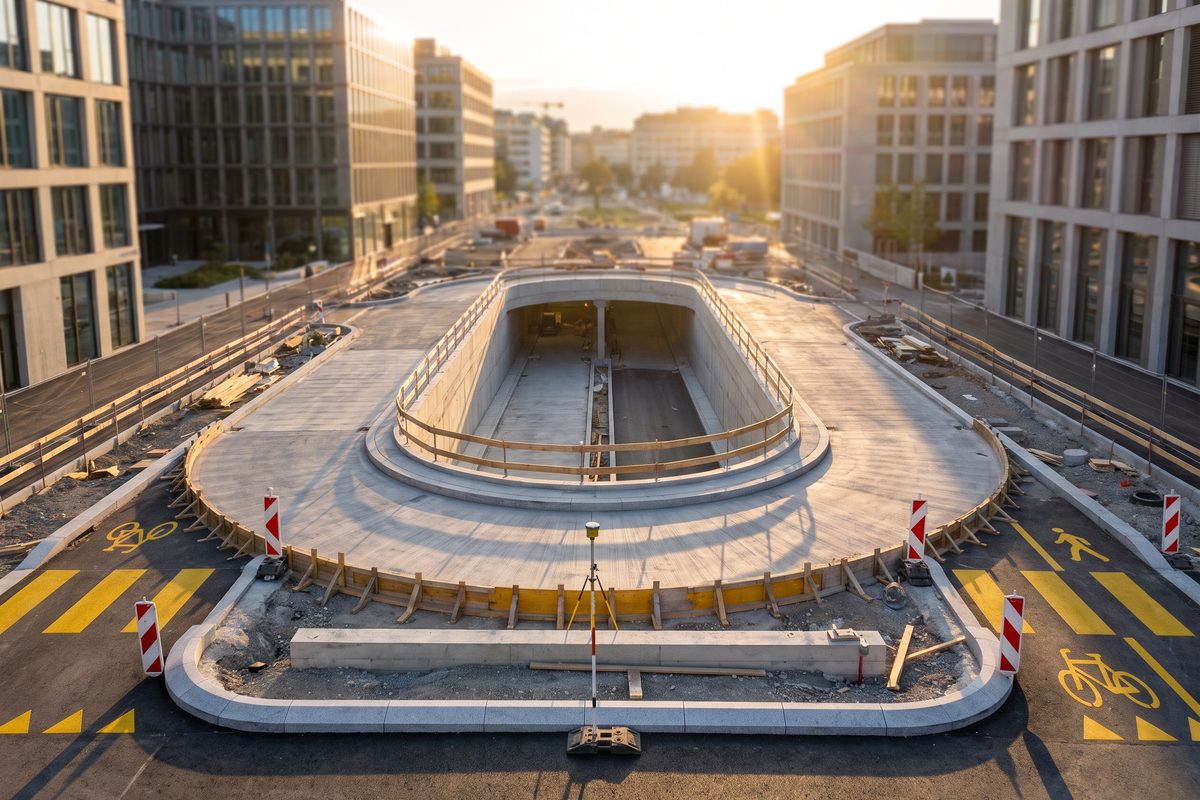 Nouvelle contre-route et voirie en aménagement dans un quartier de Genève, illustration générée.