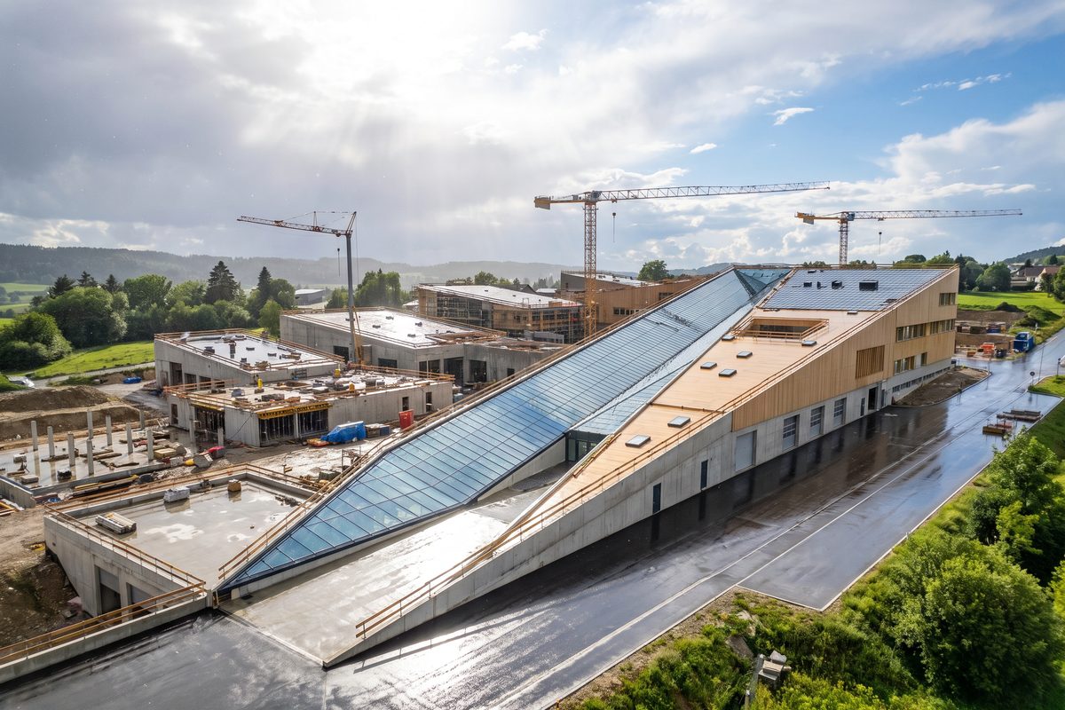 Chantier de construction d'un centre d'entretien routier, engins de terrassement, illustration générée