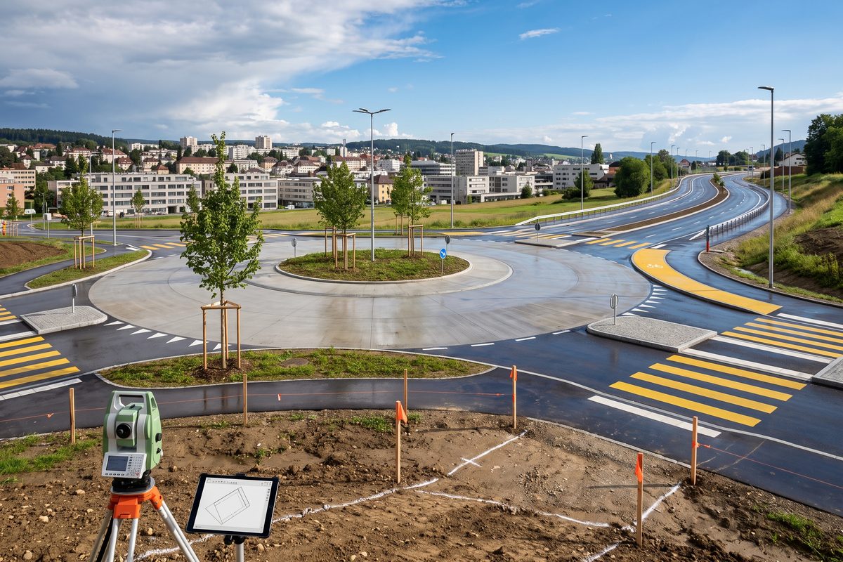 Route de contournement en périphérie urbaine sous un ciel dégagé, illustration générée.