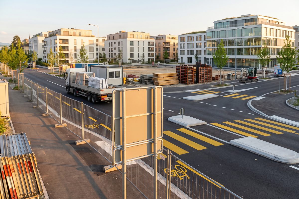 Signalisation de chantier et déviation de circulation sur une route cantonale, illustration générée