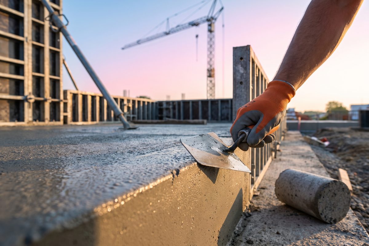 Visite d'un chantier de bâtiment public avec casques de protection, illustration générée.
