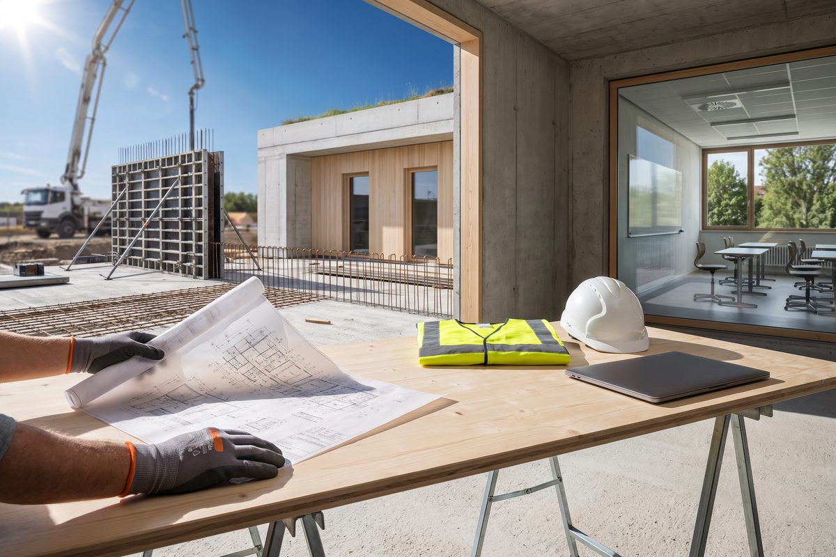Pose de la première pierre sur le chantier de l'extension du Collège Principal à Pully, illustration générée